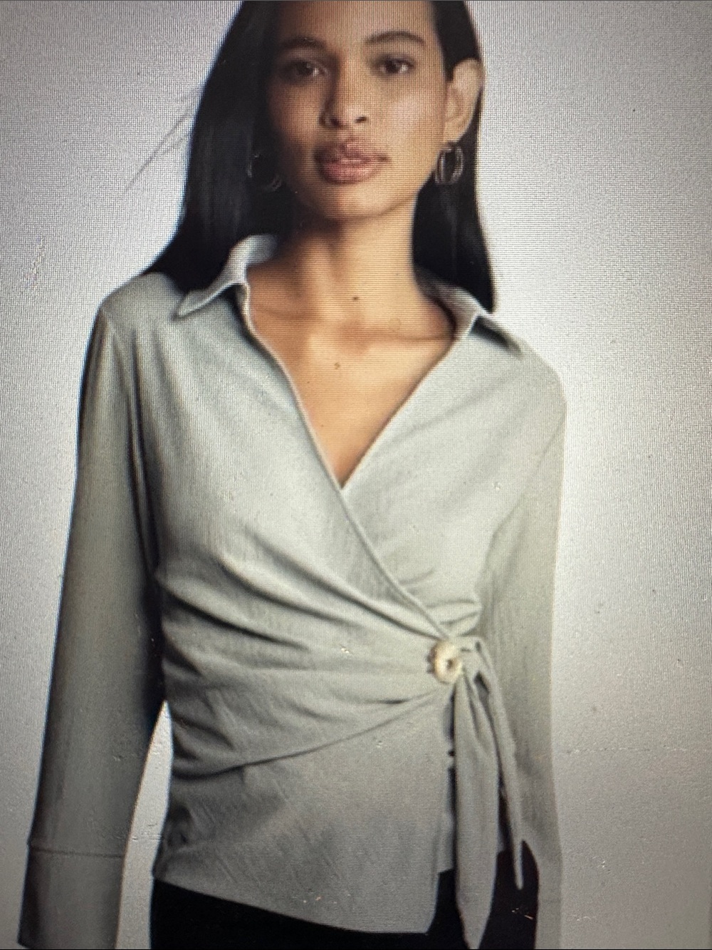 Anthropology, light grey wrap, blouse with gold side button